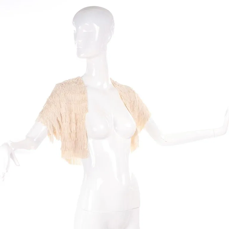 1920s Vintage Cream Fringe Cropped Bolero Short Sleeve Jacket