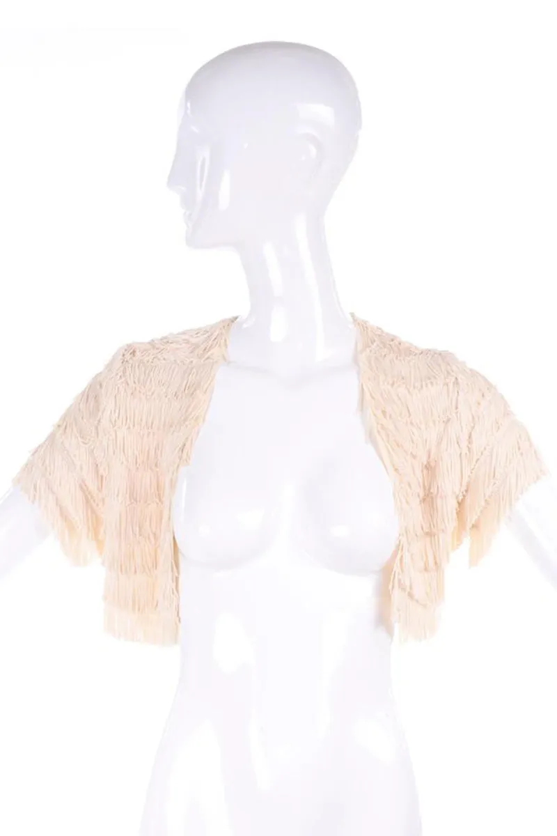 1920s Vintage Cream Fringe Cropped Bolero Short Sleeve Jacket