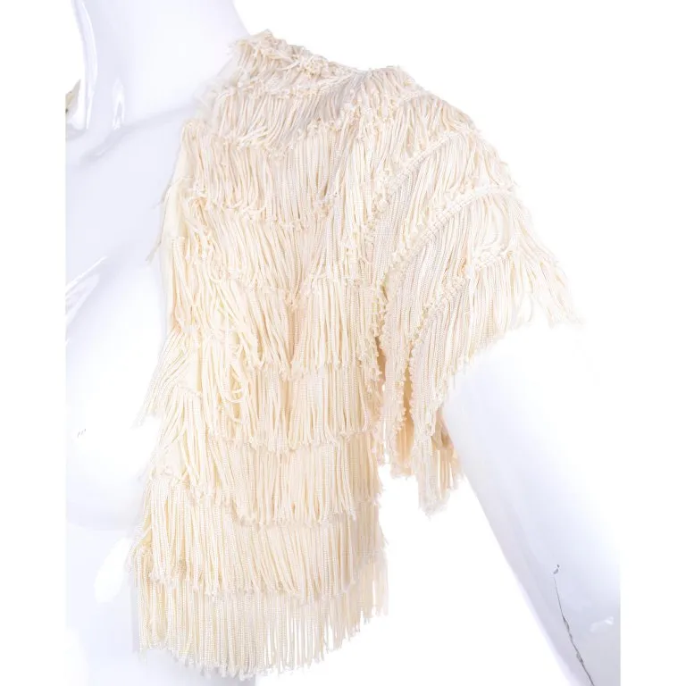 1920s Vintage Cream Fringe Cropped Bolero Short Sleeve Jacket