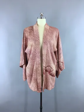 1960s Vintage Silk Haori Kimono Cardigan Jacket with Maroon Shibori Mountains Pattern