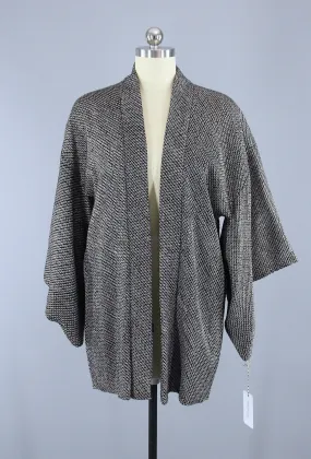 1960s Vintage Silk Haori Kimono Jacket Cardigan / Black & White Shibori Dyed