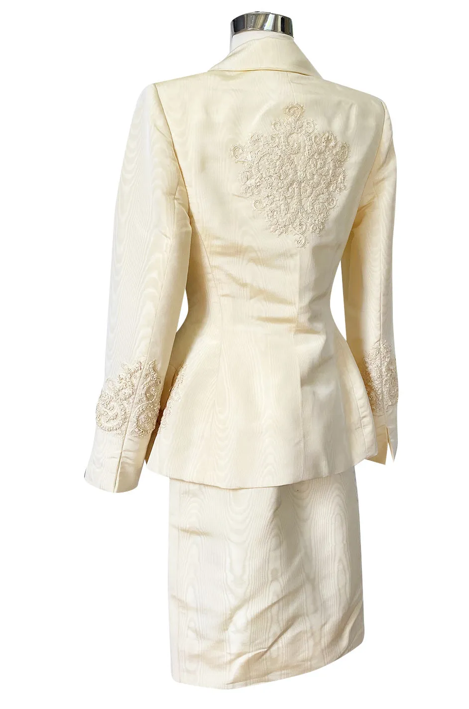 1980s Bill Blass Ivory Moire Silk Suit w Extensive Raffia & Embroidered Detailing