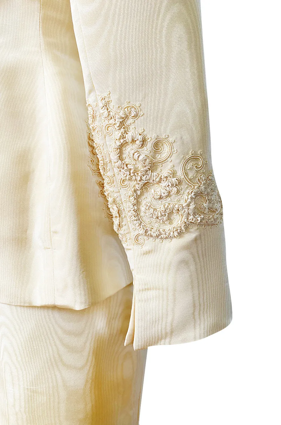 1980s Bill Blass Ivory Moire Silk Suit w Extensive Raffia & Embroidered Detailing