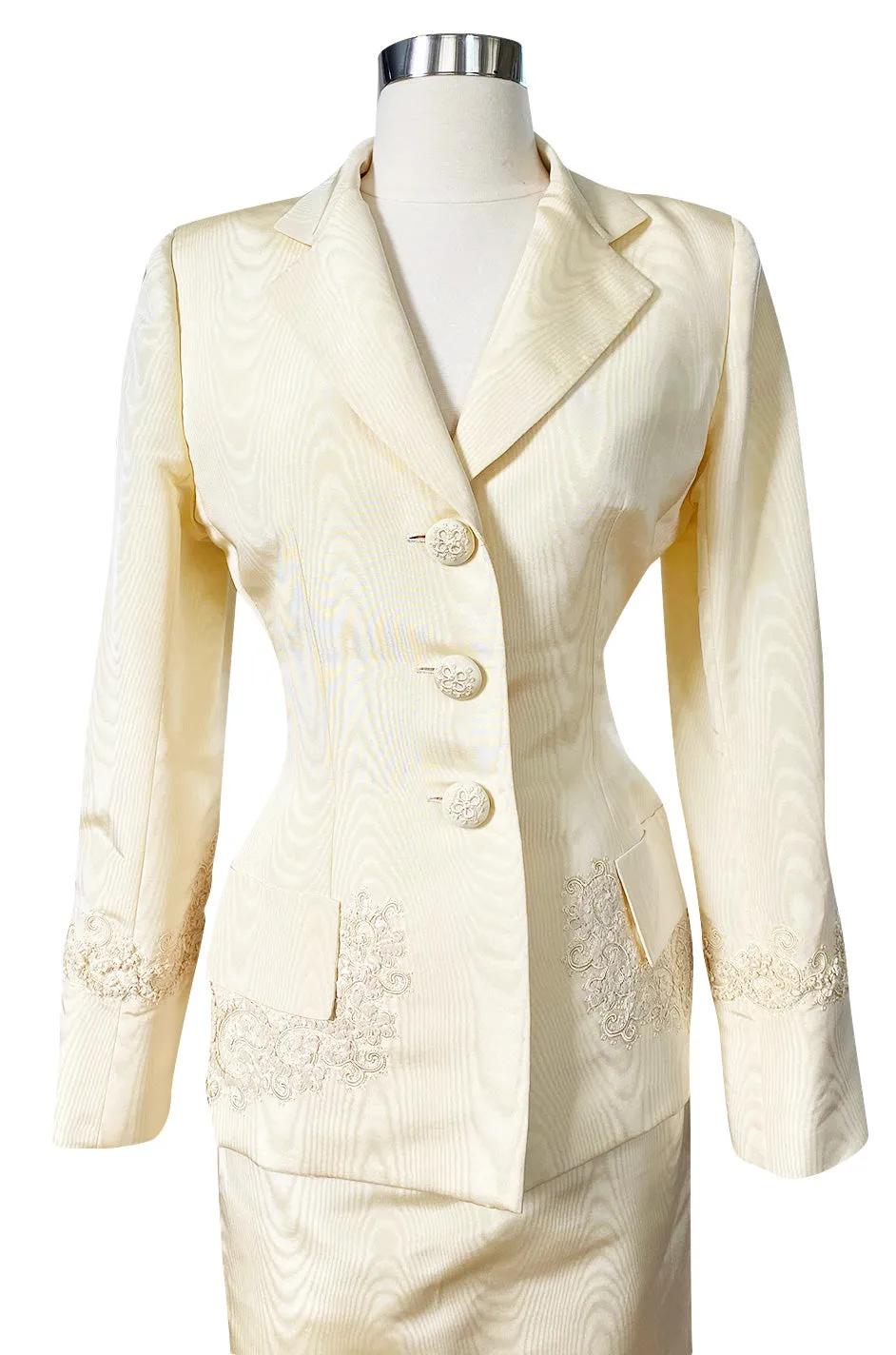 1980s Bill Blass Ivory Moire Silk Suit w Extensive Raffia & Embroidered Detailing