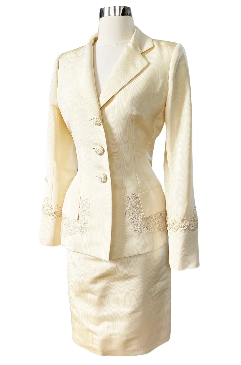 1980s Bill Blass Ivory Moire Silk Suit w Extensive Raffia & Embroidered Detailing