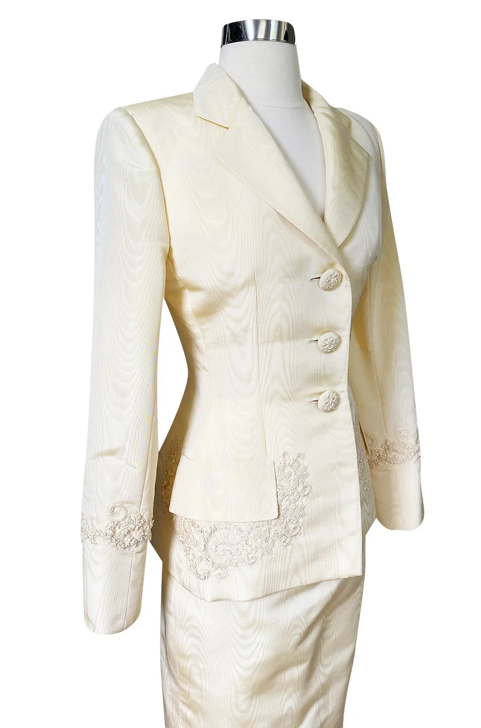 1980s Bill Blass Ivory Moire Silk Suit w Extensive Raffia & Embroidered Detailing