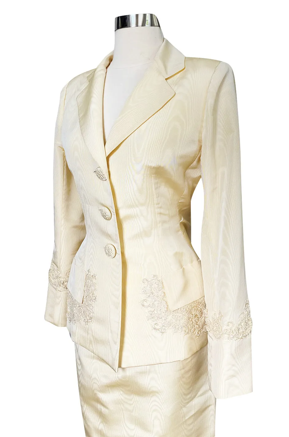 1980s Bill Blass Ivory Moire Silk Suit w Extensive Raffia & Embroidered Detailing