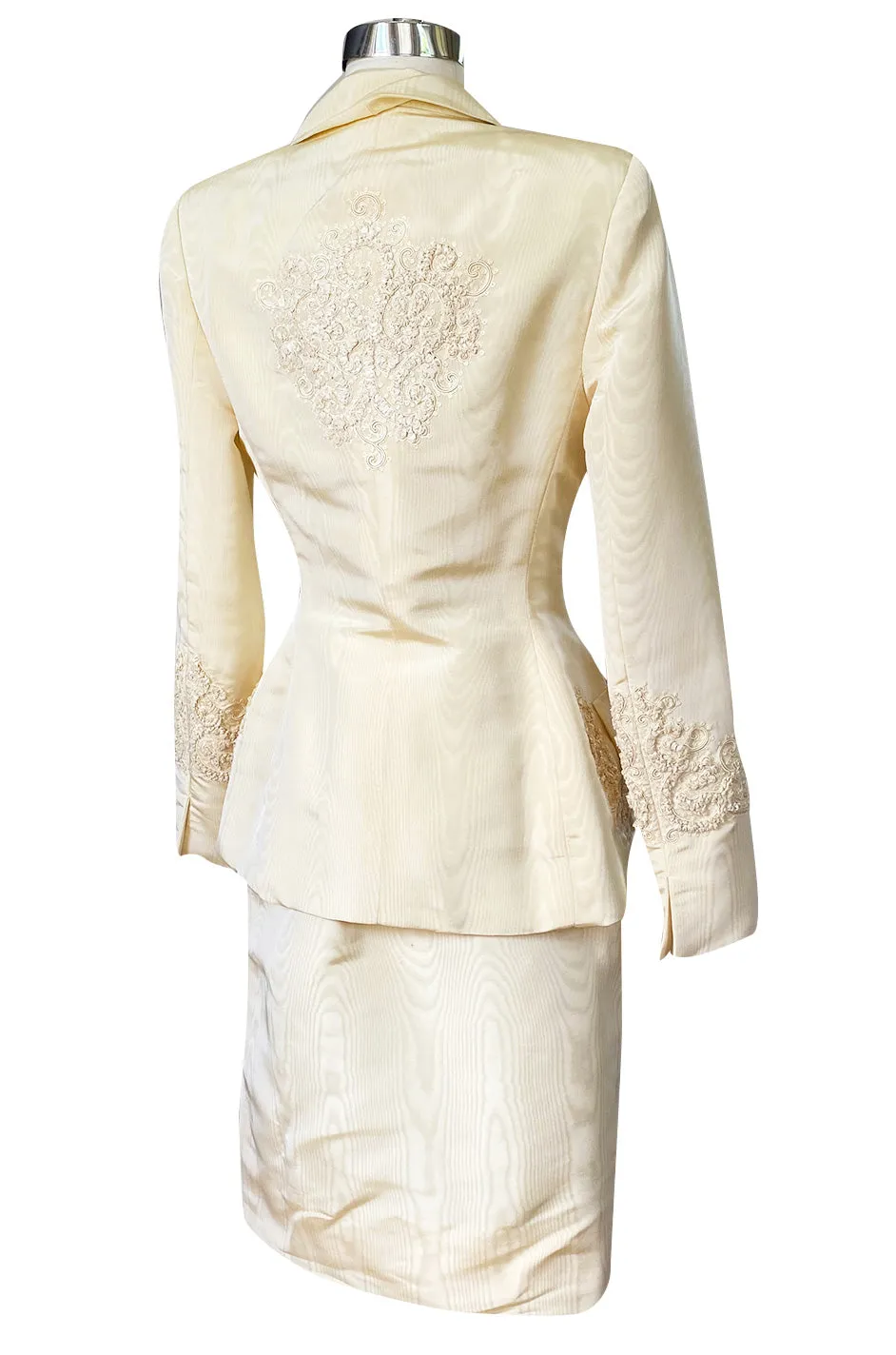 1980s Bill Blass Ivory Moire Silk Suit w Extensive Raffia & Embroidered Detailing