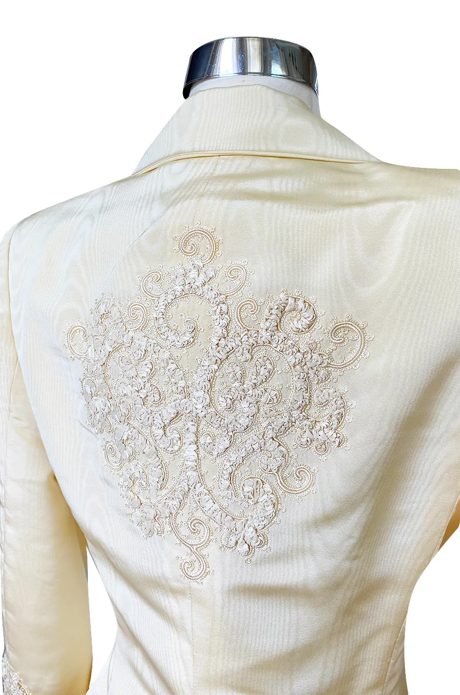 1980s Bill Blass Ivory Moire Silk Suit w Extensive Raffia & Embroidered Detailing