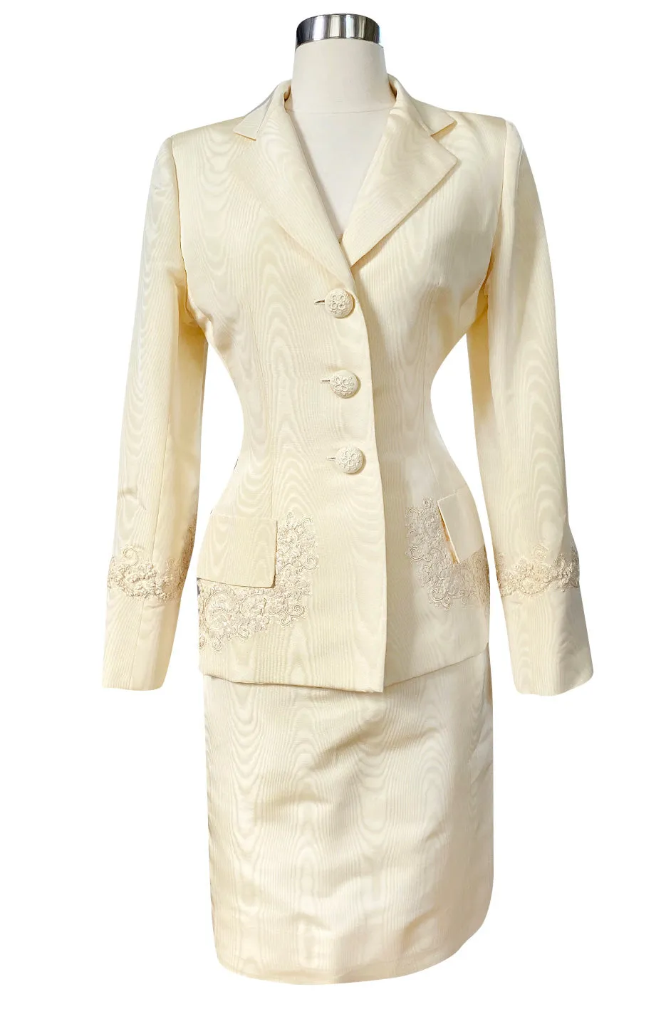 1980s Bill Blass Ivory Moire Silk Suit w Extensive Raffia & Embroidered Detailing