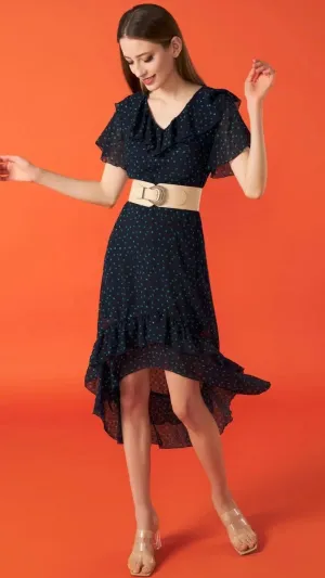 4-A0647 Navy Ditsy Hi Lo Belize Dress