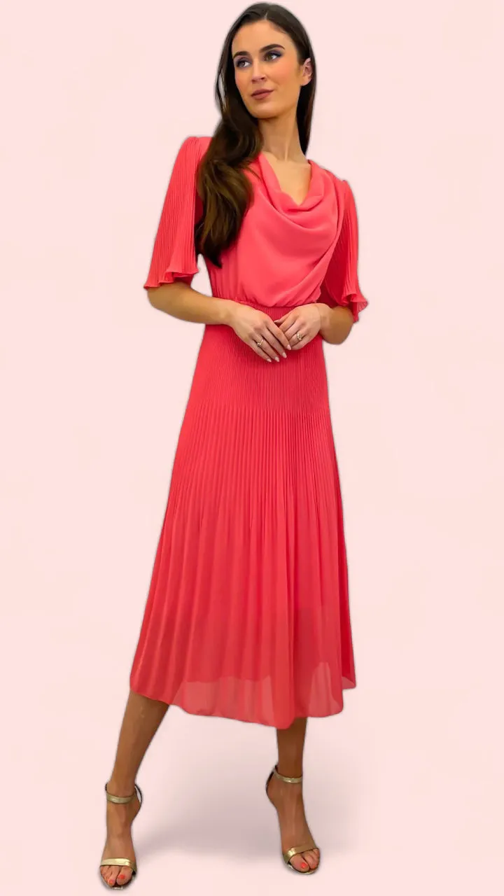 A1543 Coral Cowl Neck Pleat Dress