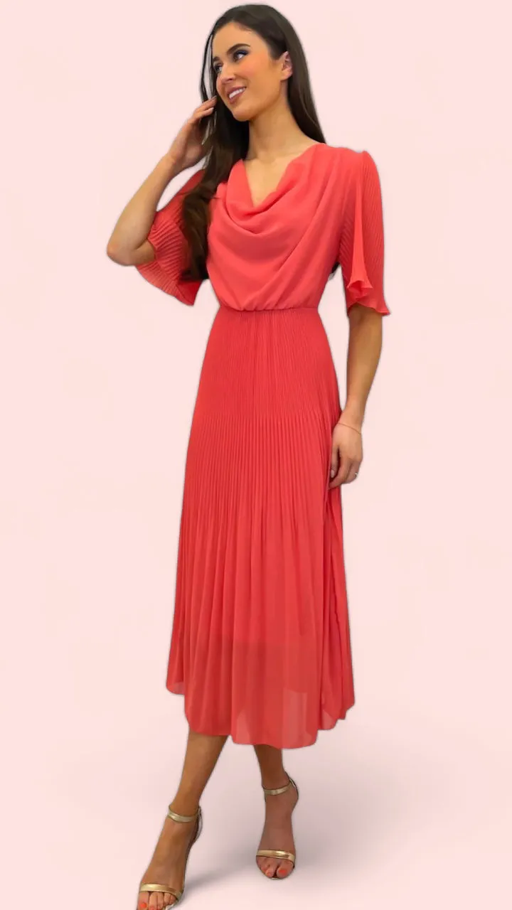 A1543 Coral Cowl Neck Pleat Dress