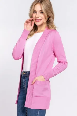 Active Basic Ribbed Trim Open Front Cardigan Sweater