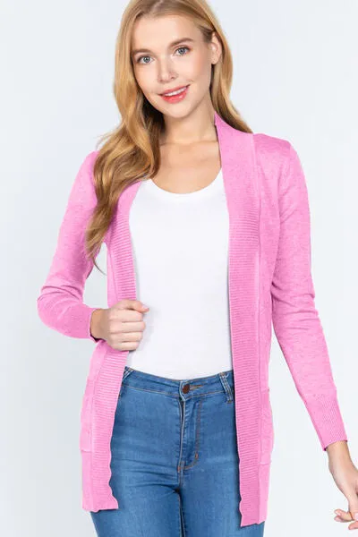 Active Basic Ribbed Trim Open Front Cardigan Sweater