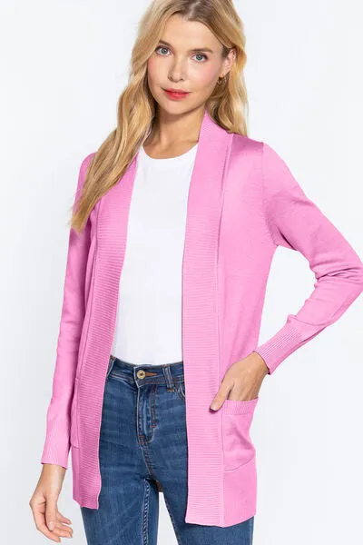 Active Basic Ribbed Trim Open Front Cardigan Sweater