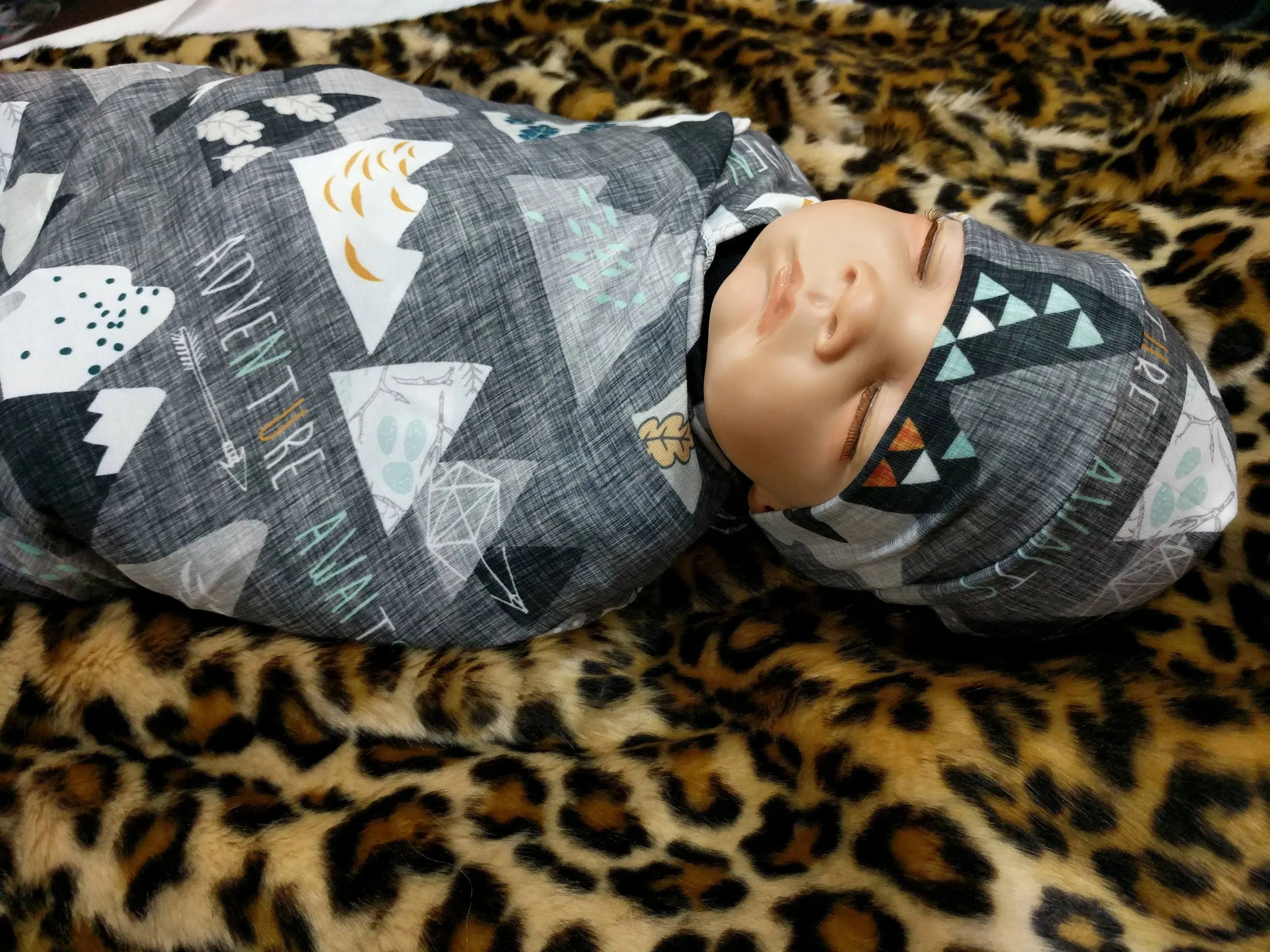 Adventure Awaits Mountain Baby Blanket   Matching Hat or Headband in Charcoal Gray,Outdoorsy,Whimsy