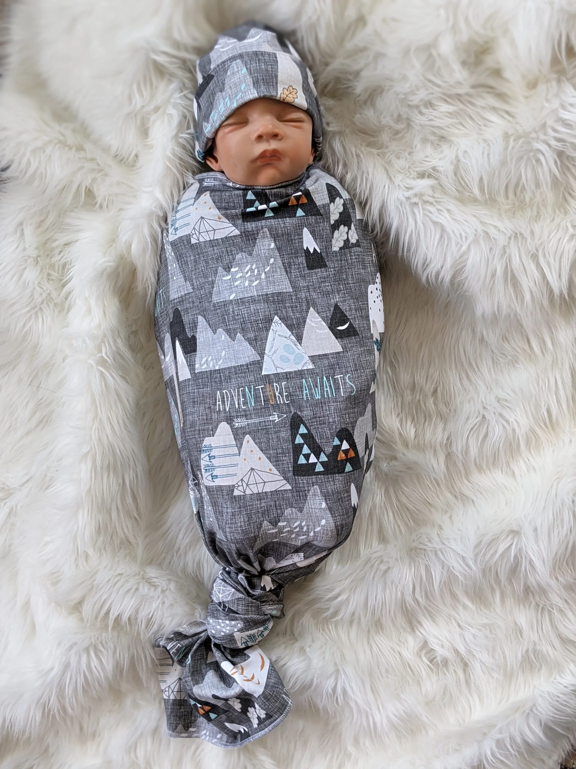 Adventure Awaits Mountain Baby Blanket   Matching Hat or Headband in Charcoal Gray,Outdoorsy,Whimsy