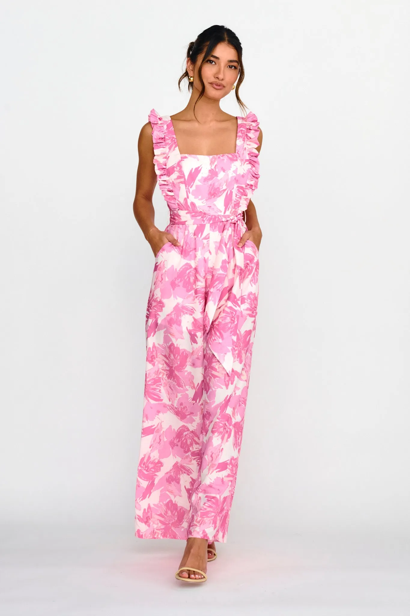 All For Love Square Neckline Ruffle Strap Jumpsuit Floral Pink