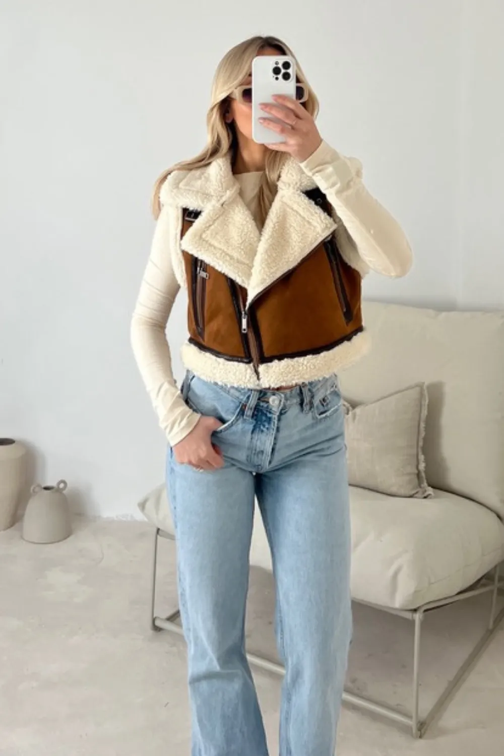 Ari camel cropped aviator gilet