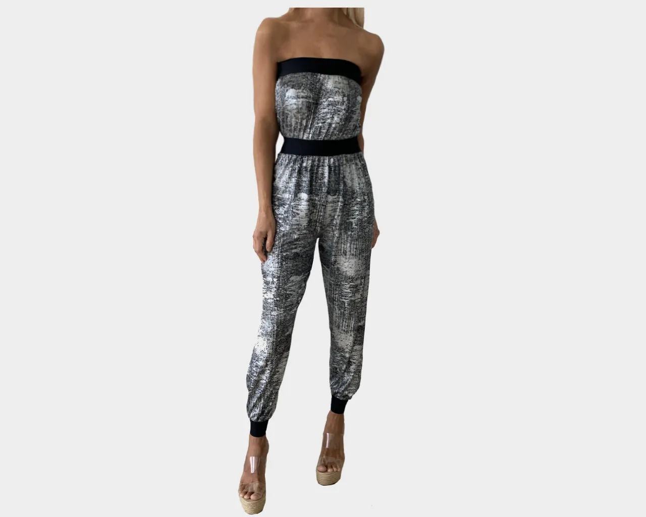 B. Silver Metallic and Black strapless Jumpsuit - The Corso Venezia