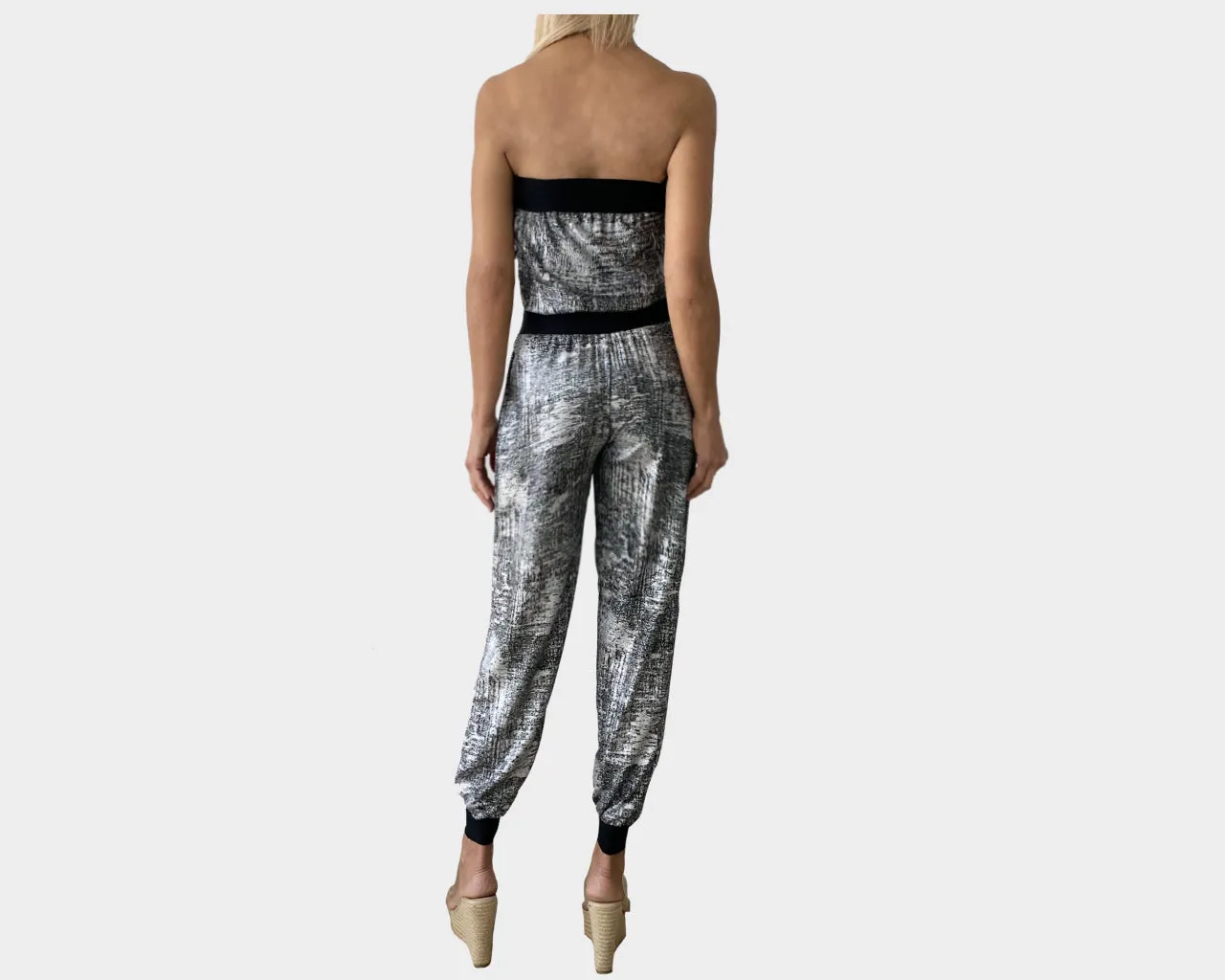 B. Silver Metallic and Black strapless Jumpsuit - The Corso Venezia