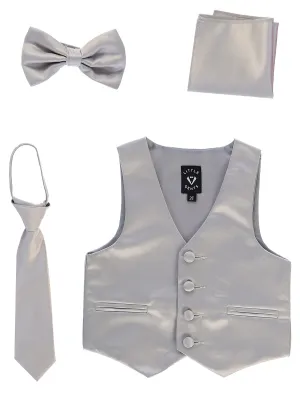 Baby Boys Silver Satin Vest Zipper Tie Hanky Bowtie Clothing Set 3-24M