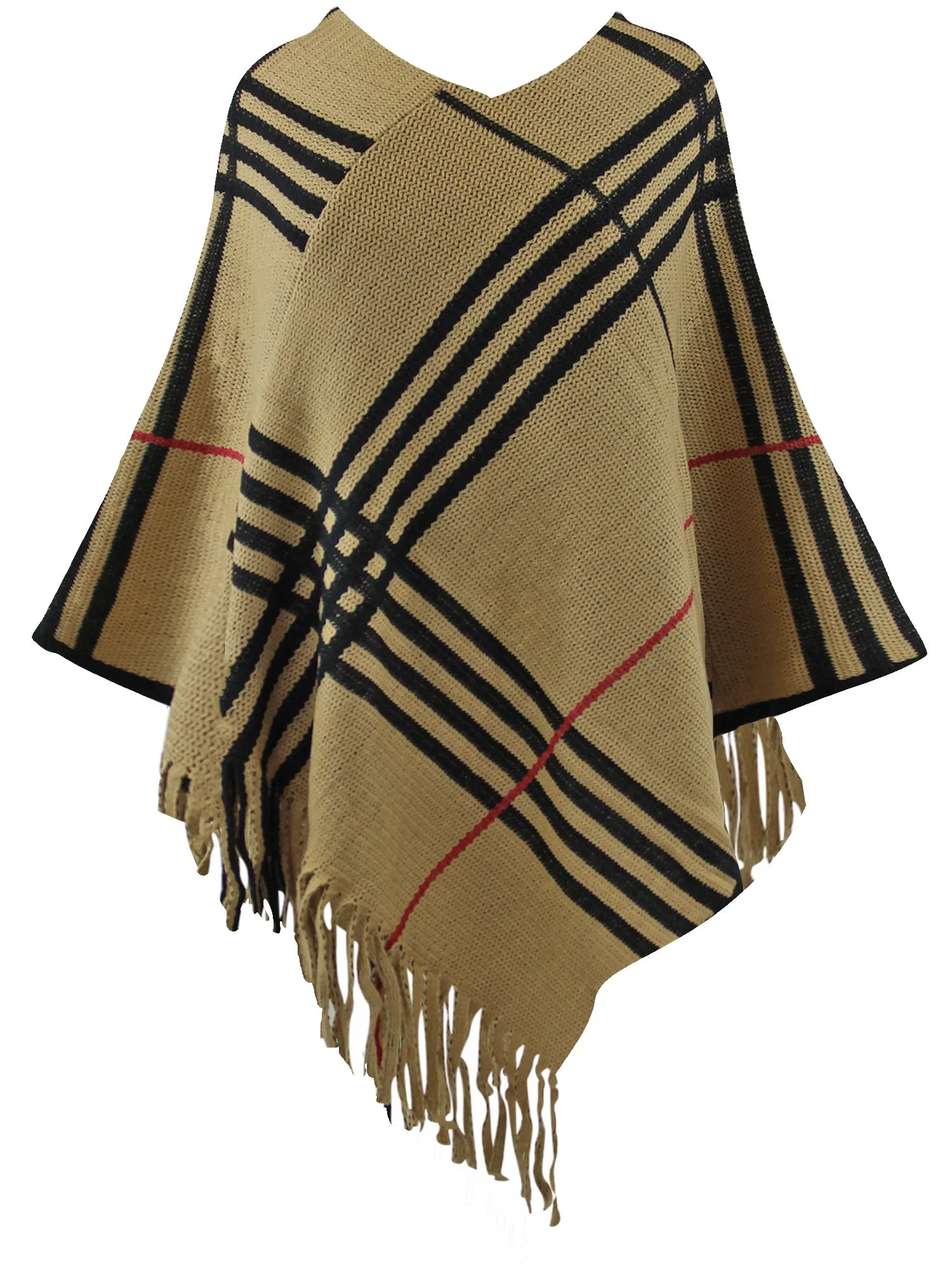 Beige Classic Plaid Print Knit Poncho With Fringe