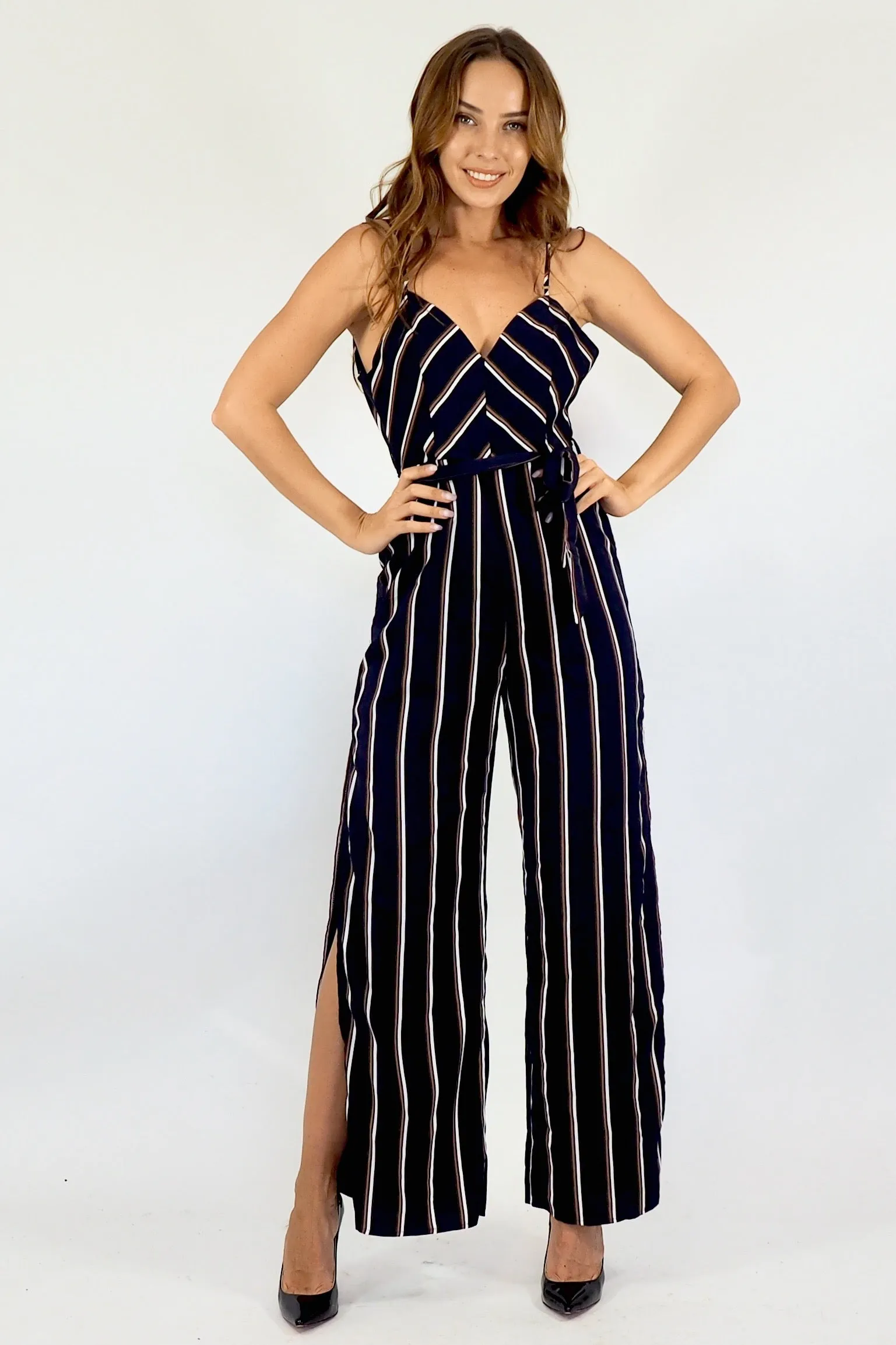 Bella Jumpsuit - Navy Maroon/white stripe