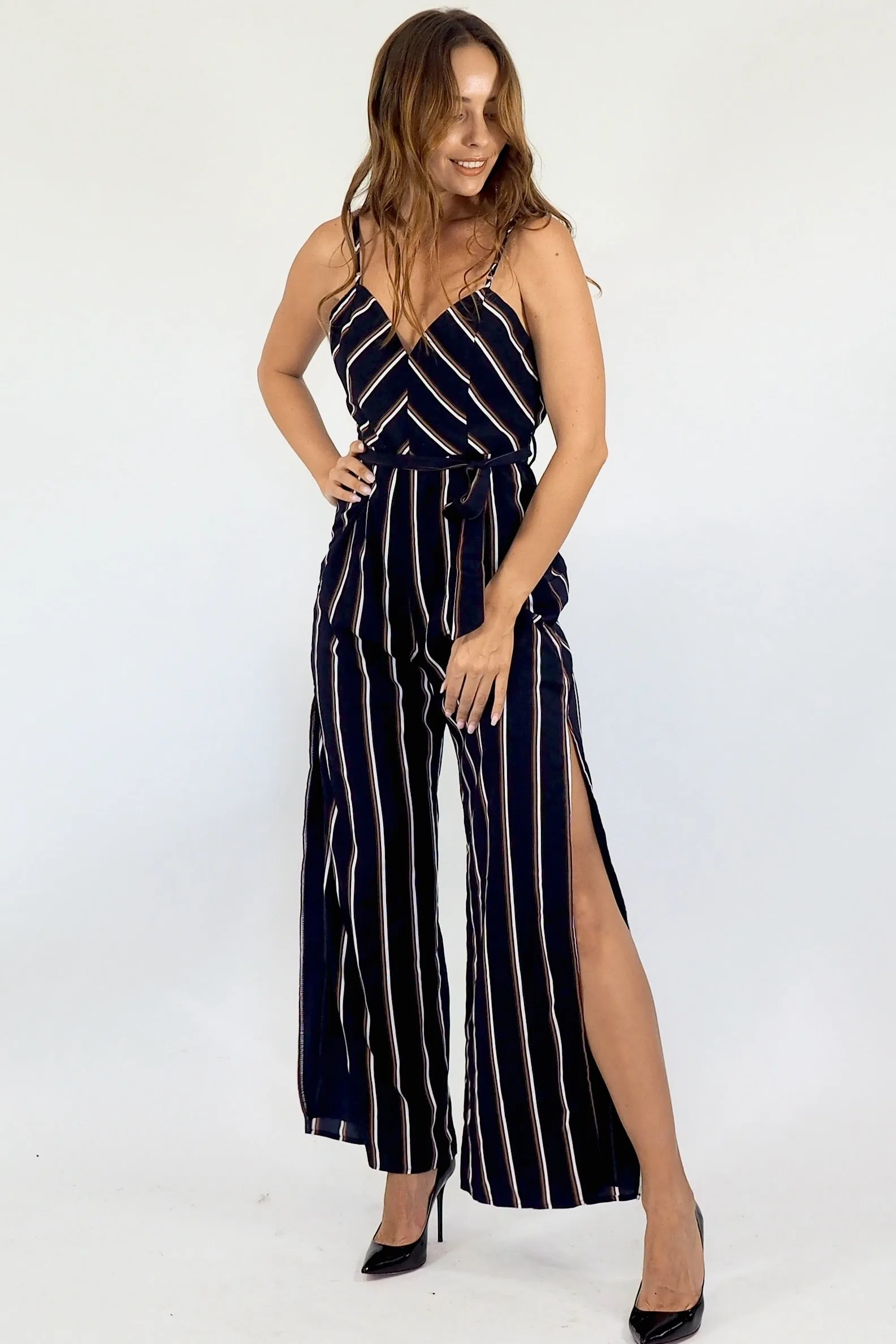 Bella Jumpsuit - Navy Maroon/white stripe