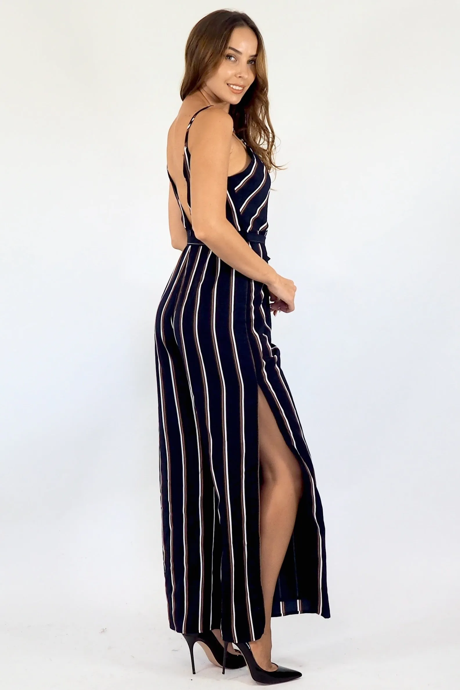 Bella Jumpsuit - Navy Maroon/white stripe