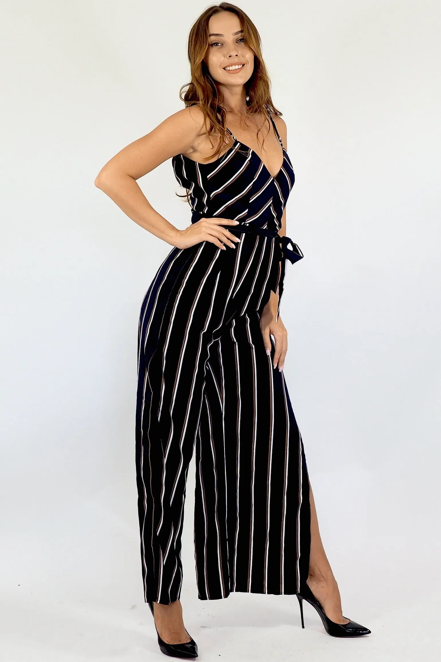 Bella Jumpsuit - Navy Maroon/white stripe