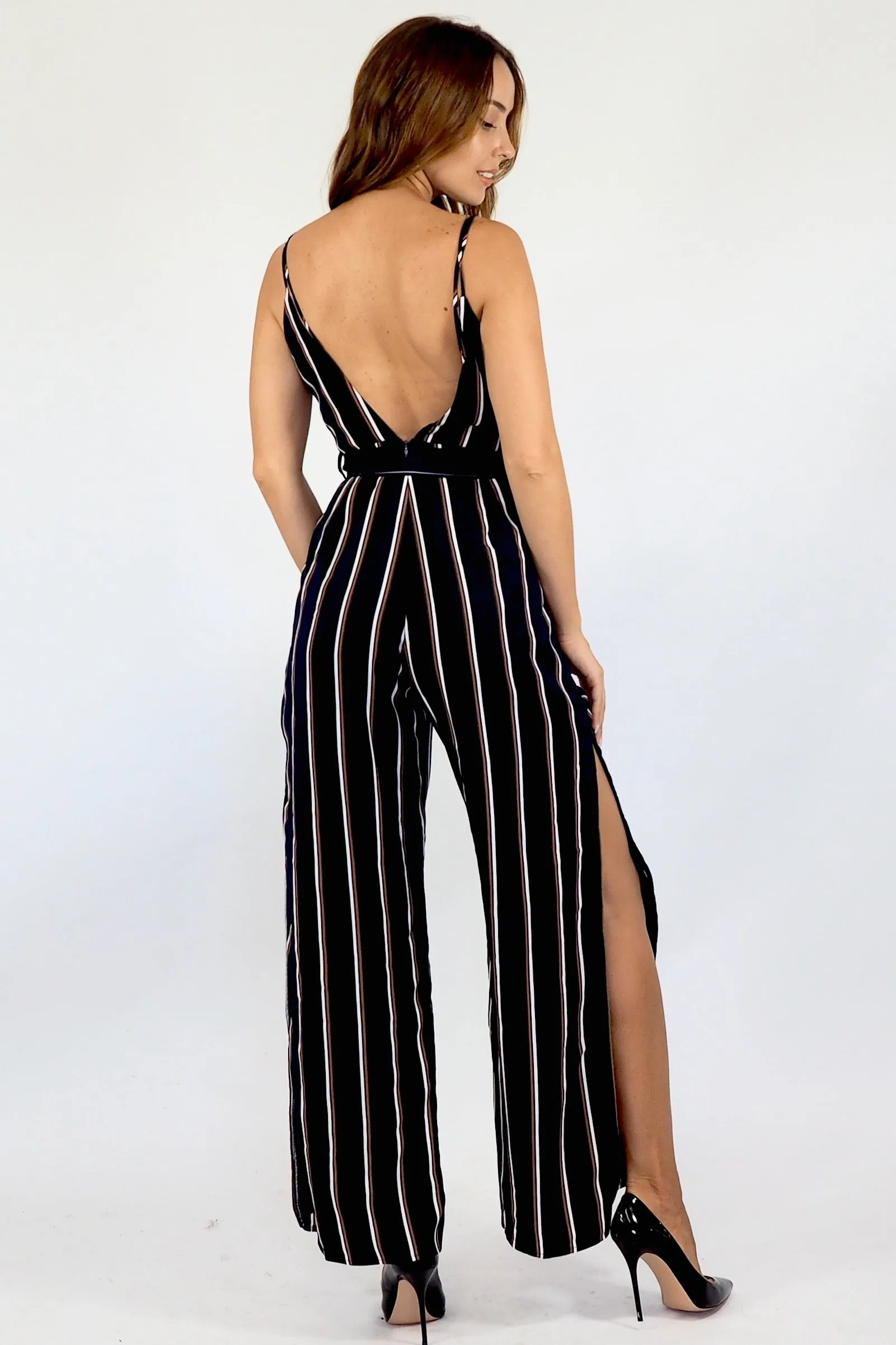 Bella Jumpsuit - Navy Maroon/white stripe