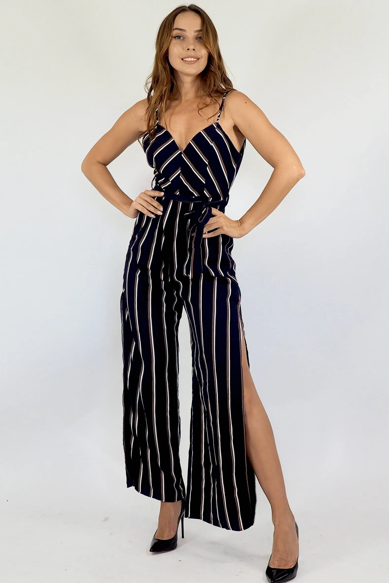 Bella Jumpsuit - Navy Maroon/white stripe