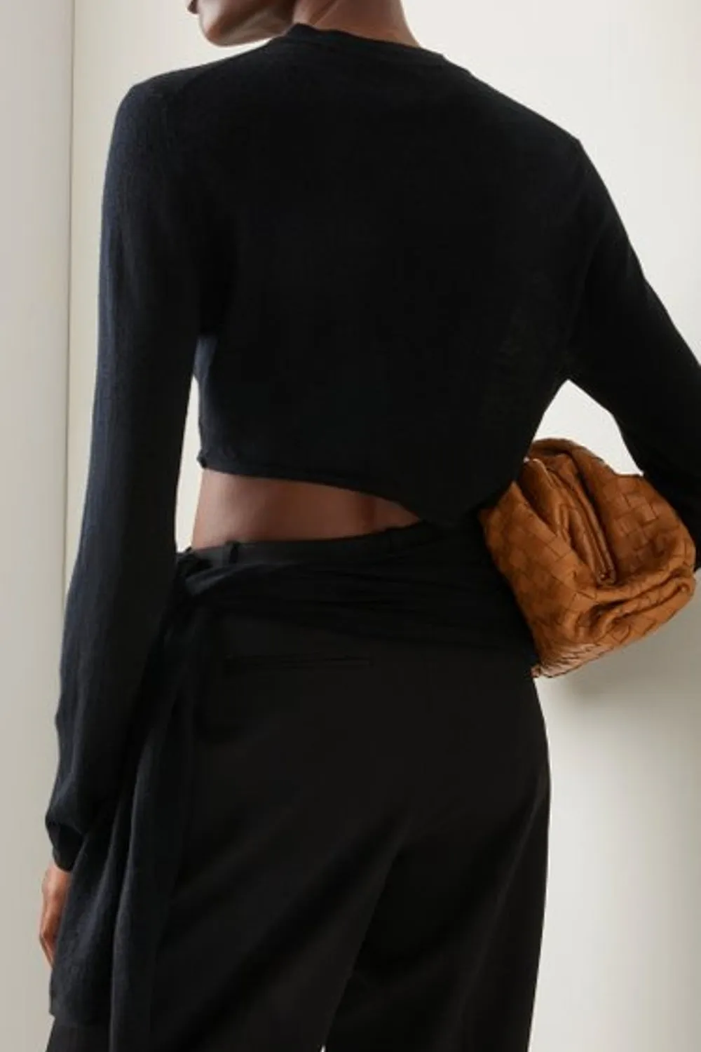 Black Close Neck Knit Tied Top