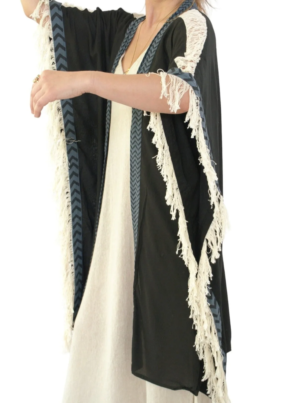 Black Closed-Back Fringe Poncho