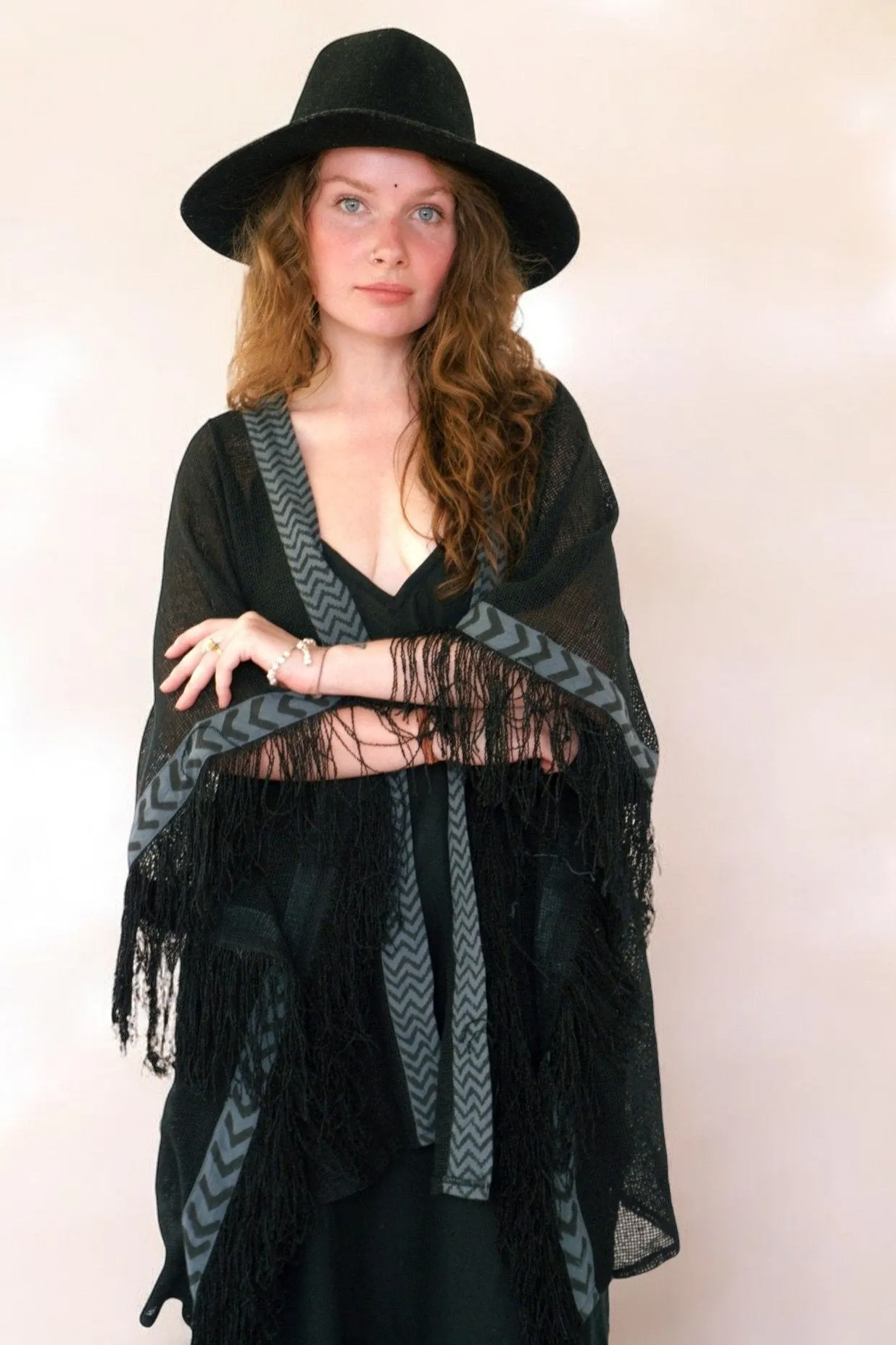 Black Mesh Open Poncho with Fringe