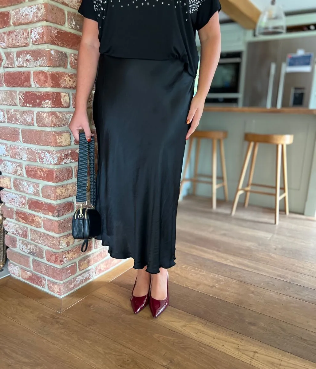 Black Satin Slip Midi Skirt