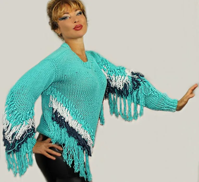 Blue Hippie Boho Trendy sweater with Fringe