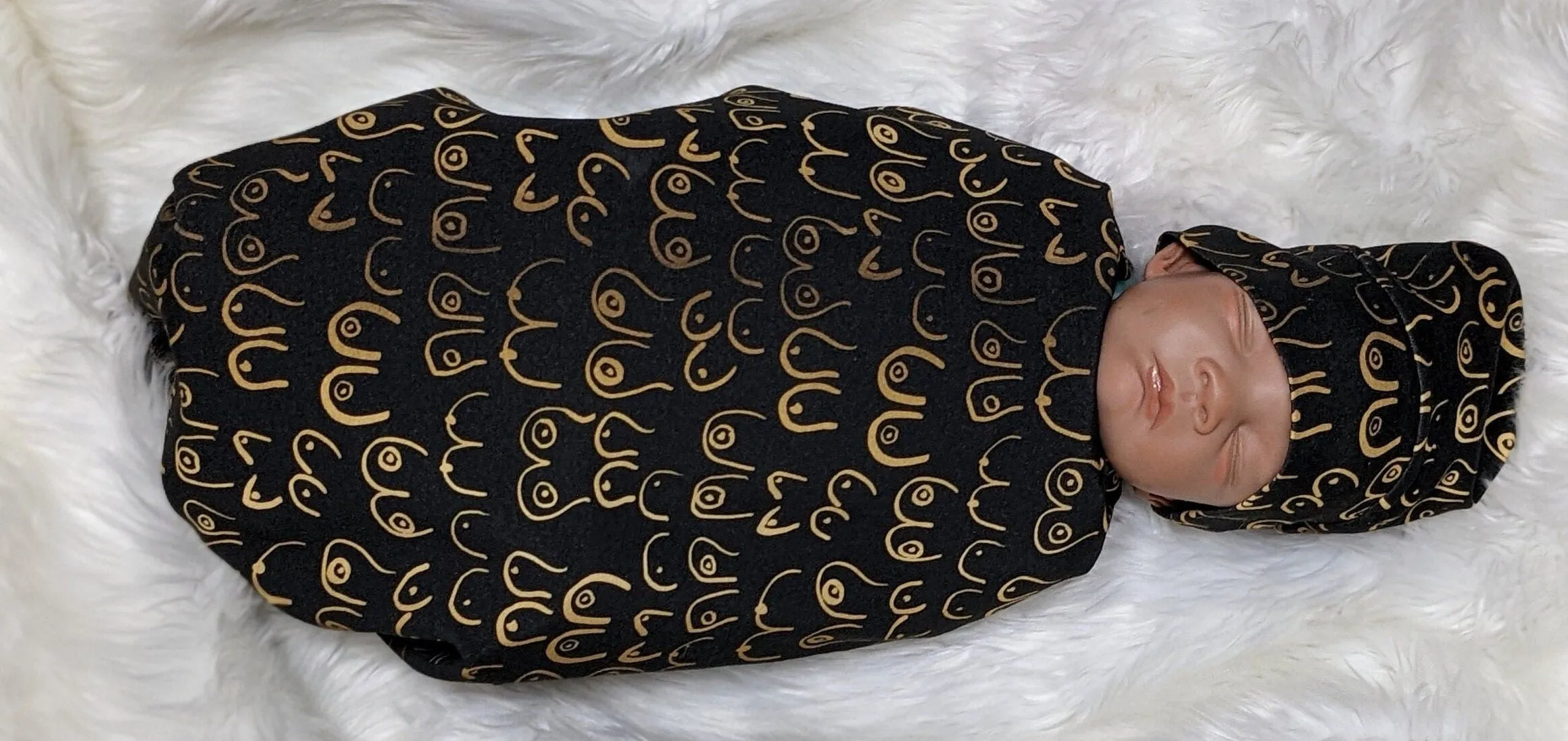 Boob Blanket,Baby Nursing Blanket   Headband or Hat in Gold Boobies on Black