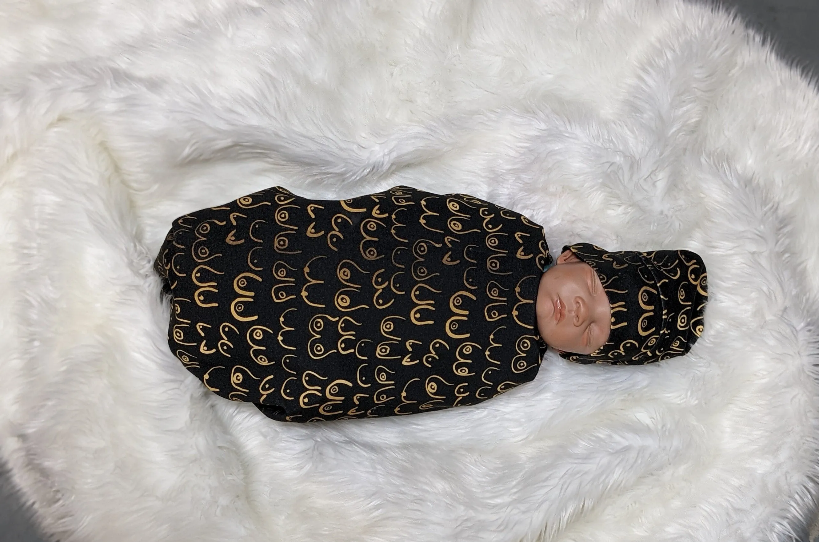 Boob Blanket,Baby Nursing Blanket   Headband or Hat in Gold Boobies on Black