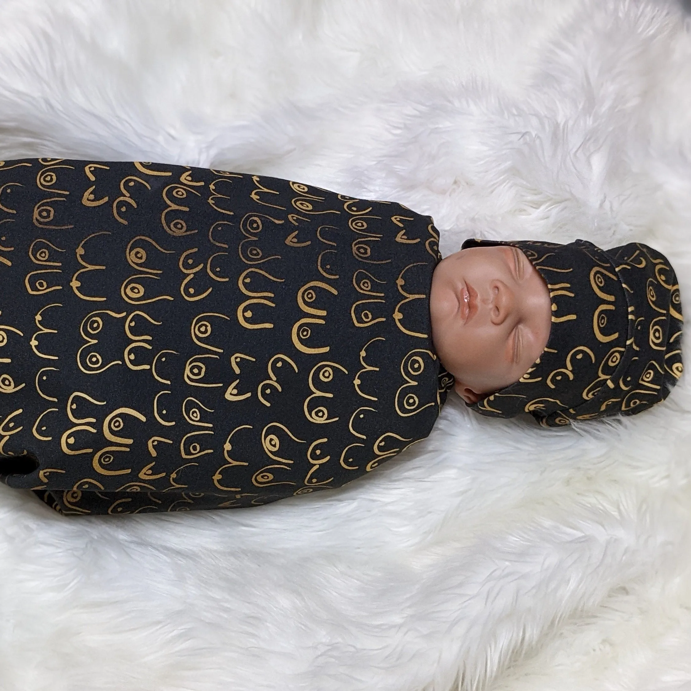 Boob Blanket,Baby Nursing Blanket   Headband or Hat in Gold Boobies on Black