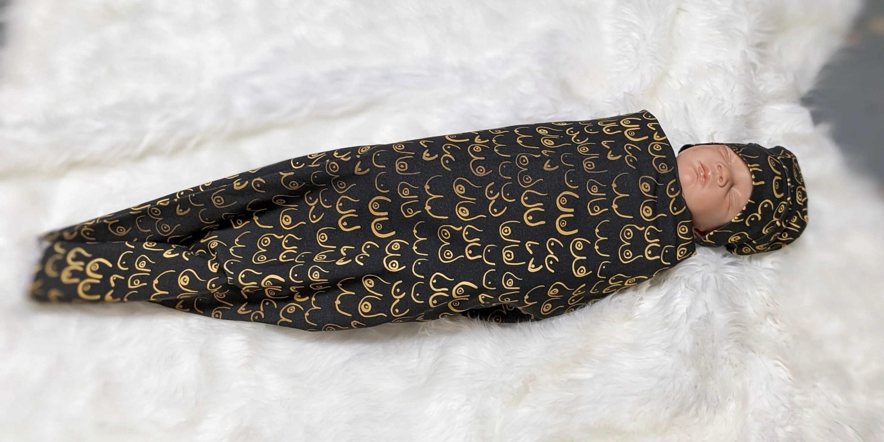 Boob Blanket,Baby Nursing Blanket   Headband or Hat in Gold Boobies on Black