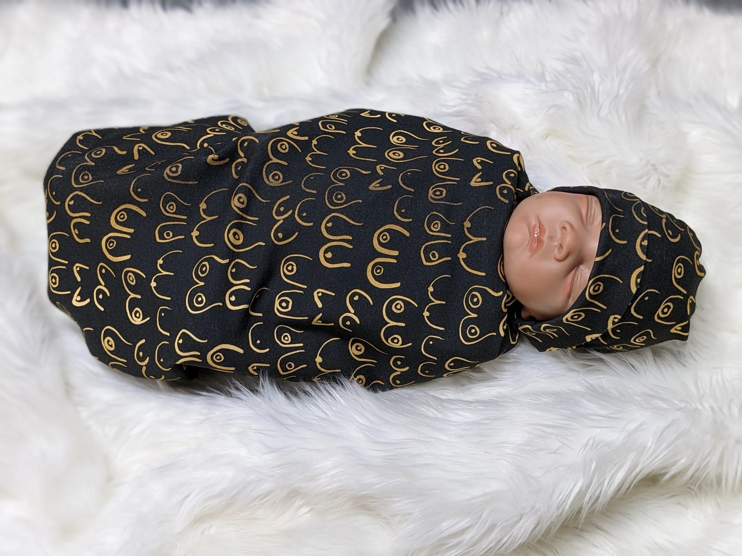 Boob Blanket,Baby Nursing Blanket   Headband or Hat in Gold Boobies on Black