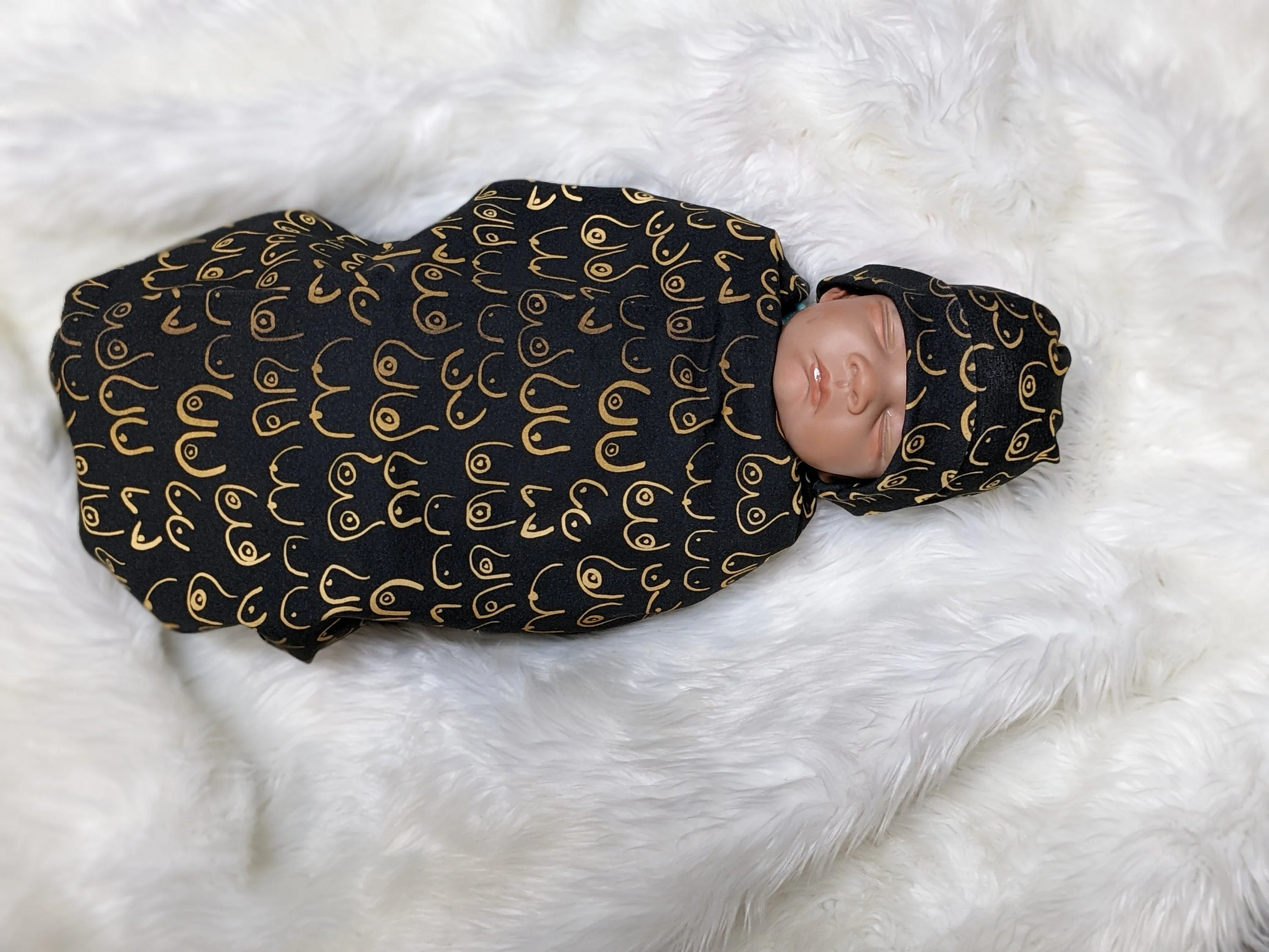 Boob Blanket,Baby Nursing Blanket   Headband or Hat in Gold Boobies on Black