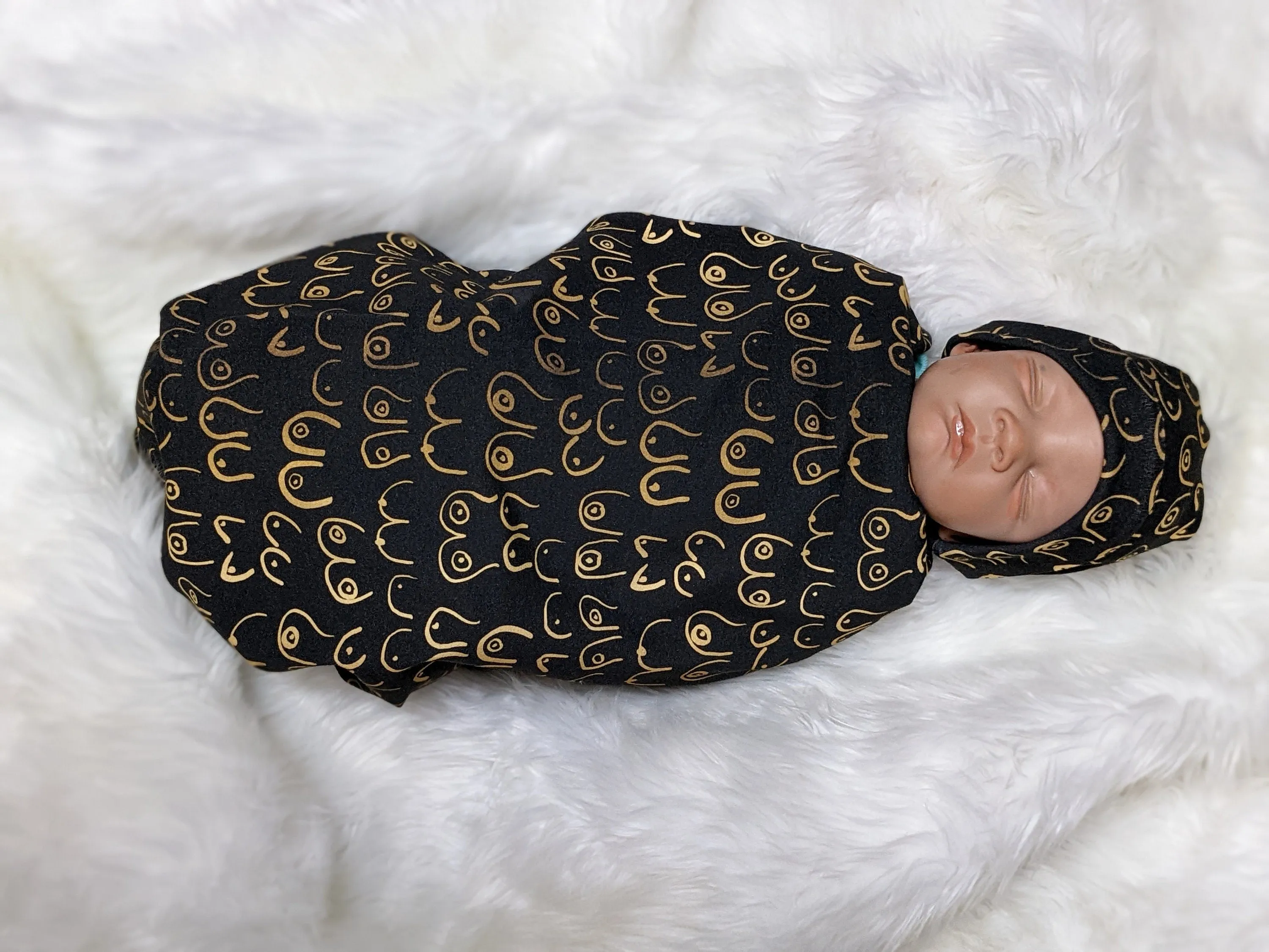 Boob Blanket,Baby Nursing Blanket   Headband or Hat in Gold Boobies on Black