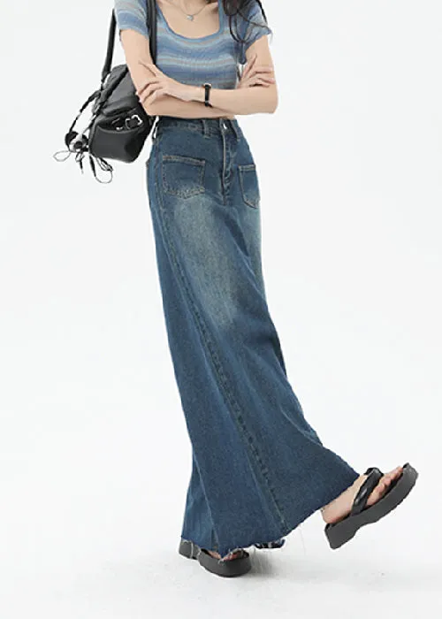 Boutique Blue Pockets High Waist Denim Wide Leg Pants Summer QQ1032