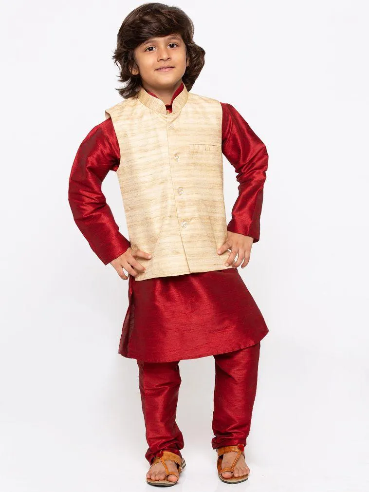 Boys' Maroon Cotton Silk Kurta, Jacket and Pyjama Set