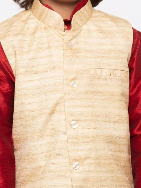 Boys' Maroon Cotton Silk Kurta, Jacket and Pyjama Set