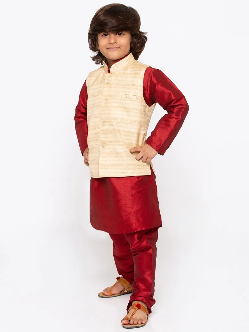 Boys' Maroon Cotton Silk Kurta, Jacket and Pyjama Set